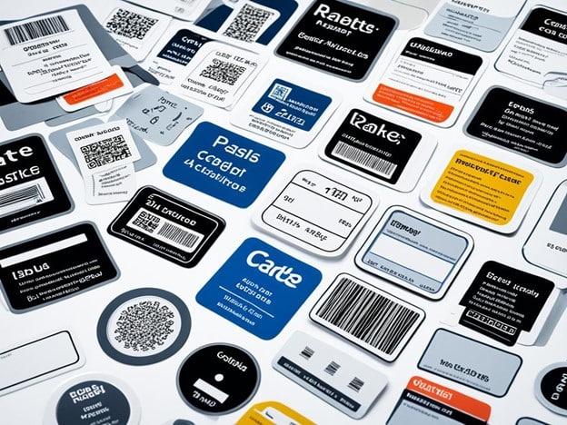 conjunto de etiquetas labels y placas para el control de activos fijos con codigo de barra, QR y codigo secuencial con logotipo de la empresa en varios colores