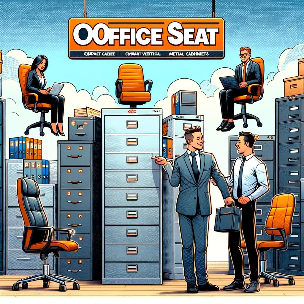 imagen tipo caricatura mostrando un vendedor de Office Seat los archivos de metal vertical en Office Seat, Mobiliarios de Oficinas Santo Domingo