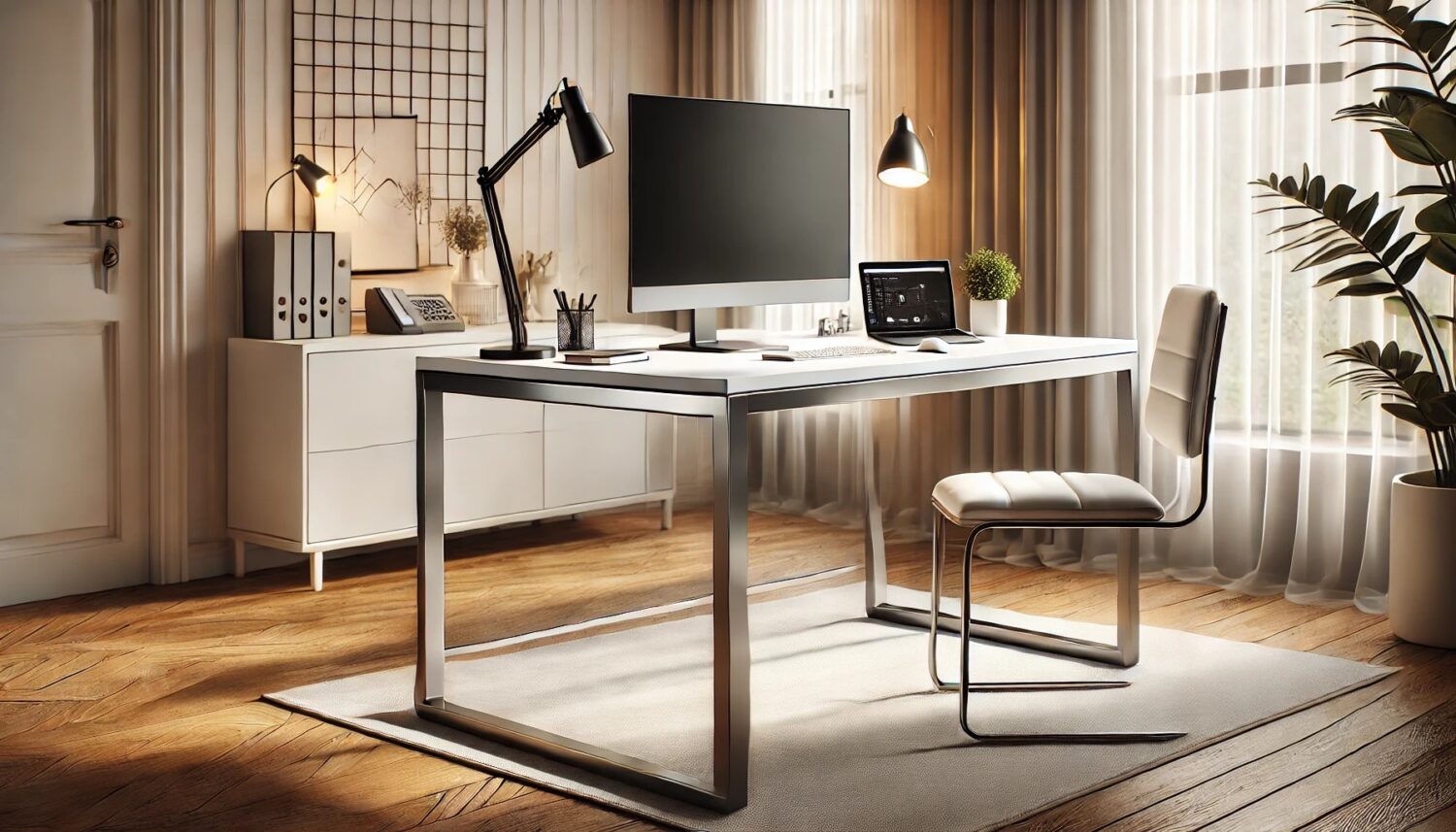 primer plano de escritorio personal con tope color blanco y monitor mac