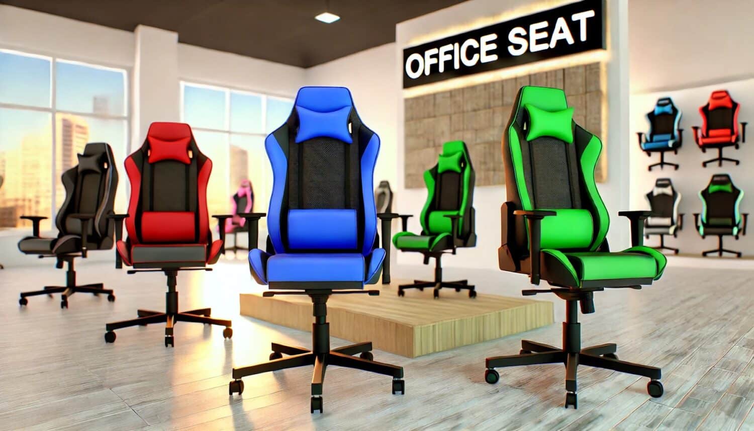 Salon de exhibicion de Office Seat , presentando sillas gaming o sillas gamers en color , rojo, azul verde y negro