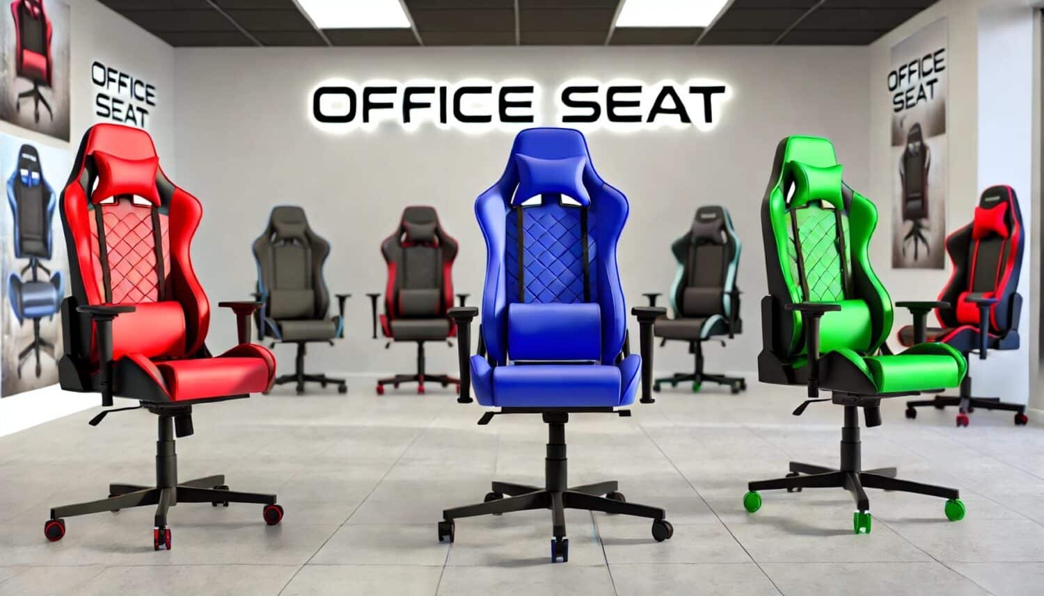 Salon de exhibicion de Office Seat , presentando sillas gaming o sillas gamers en color , rojo, azul verde y negro 2