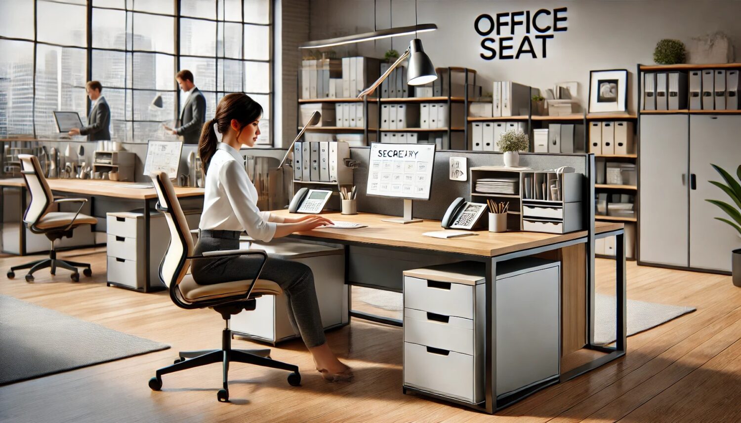 escritorio secretarial con tope color haya , estructura de patas de metal color platinado y archivo modular rodante