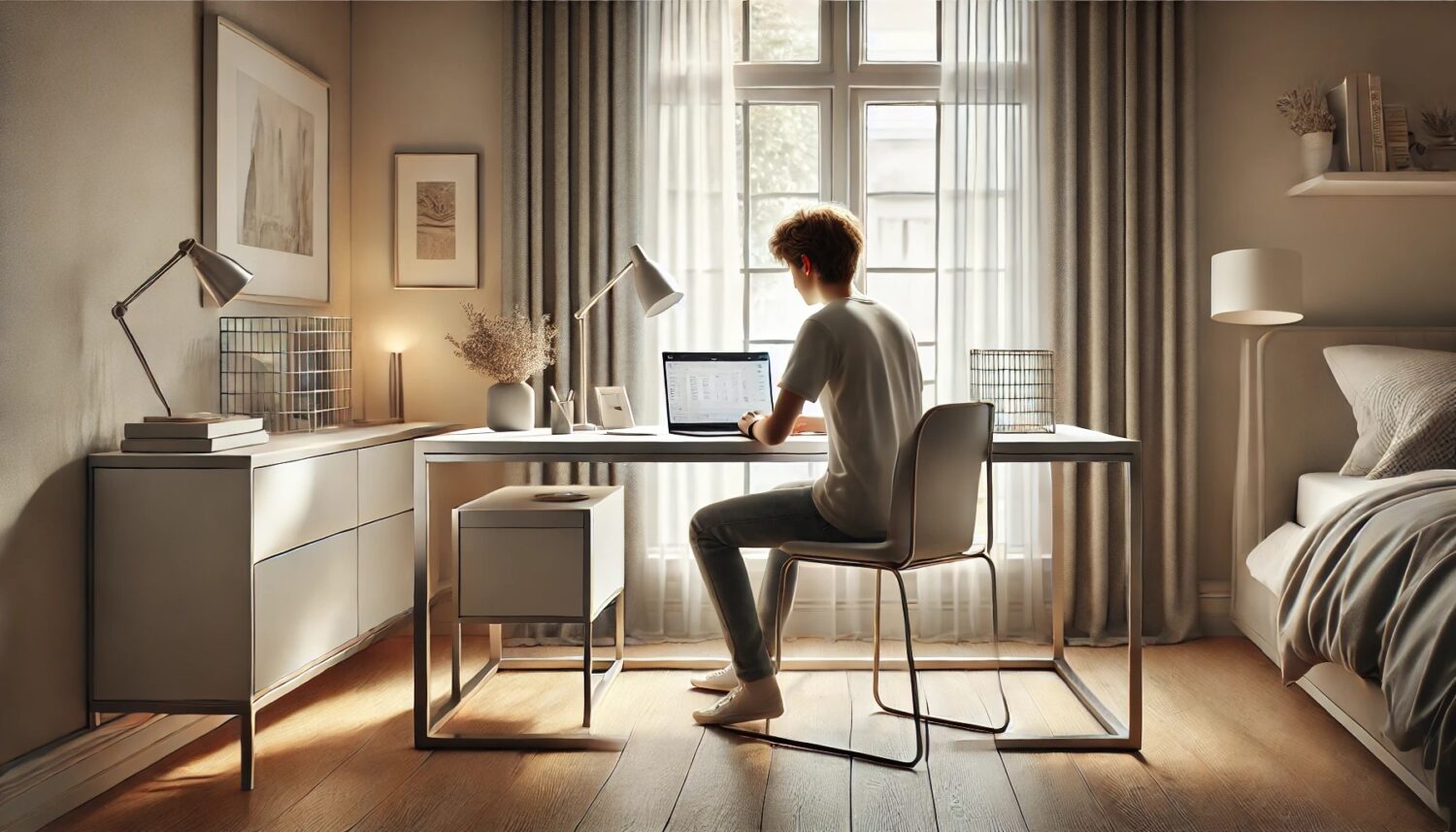 joven con escritorio home office en tope blanco y patas de metal