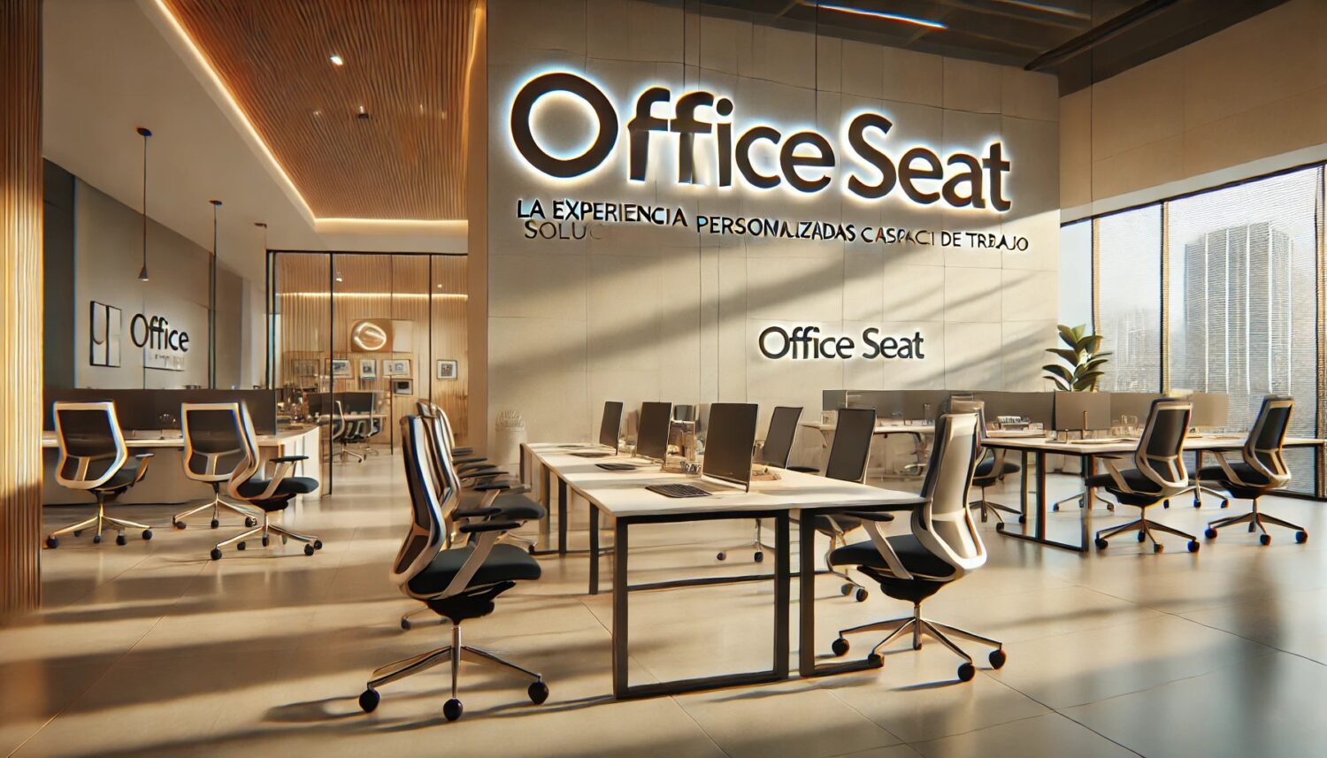 salon de exhibicion de Office Seat con grupos de escritorio modernos y sillas de oficinas con fonde de letrero logotipo de Office Seat