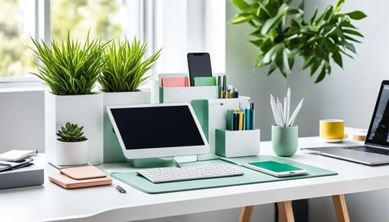 accesorios de escritorios, tales como porta lapiz, bandejas , porta memos entre otros mostrados en escritorio moderno color blanco con laptop de exhibicion en Office Seat, mobiliarios de oficinas en SAnto Domingo