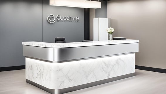 Elegante e imponente Counter de recepcion de oficina , fabricado a la medida y diseño del clliente , fabricado por Office Seat, expertos en counter de oficina en Santo Domingo