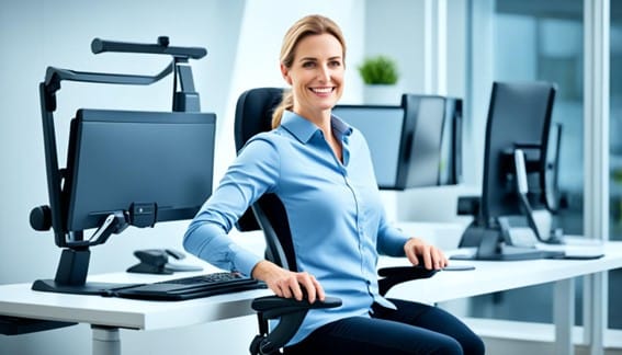 mujer rubia y blanca presentando postura ergonomica en silla de oficina moderna