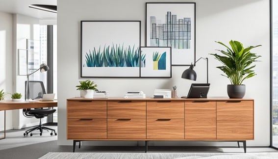 credenza de oficina en madera teka o haya con gavetas abatibles . revestida en su parte superior adornos, lamparas y notebooks en Office Seat MObiliarios de oficinas en SAnto Domingo