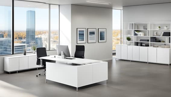 oficina moderna con escritorios y credenzas de oficinas color blanco en Office Seat