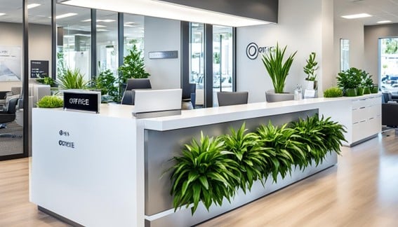 counter de recepcion ecologico integrado con plantas ornamentales , fabricado y diseñado por Office Seat en color blanco para 3-4 personas