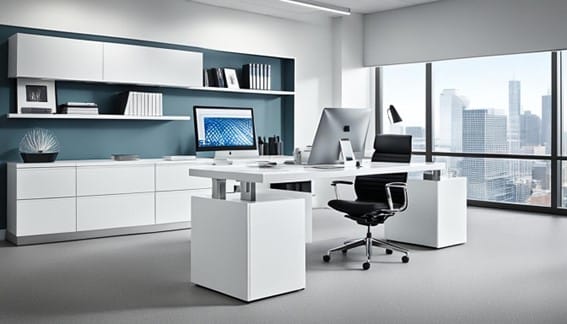 credenza color blanca con gavetas corredizas o abatibles combinada con escritorio blanco en Office Seat