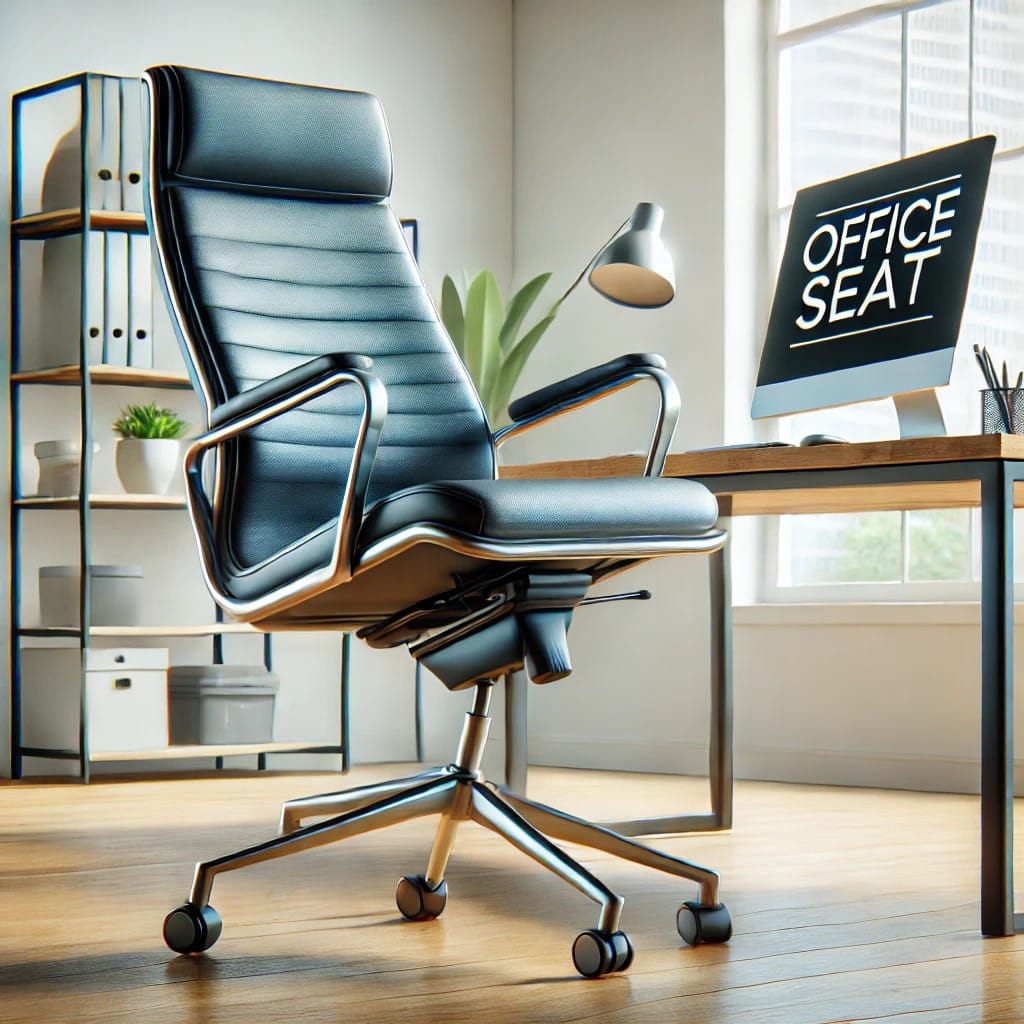 Muestra una silla de oficina moderna inclinándose hacia un lado de manera inestable, en un entorno de oficina. El logotipo de Office Seat está presente en el costado de la silla.