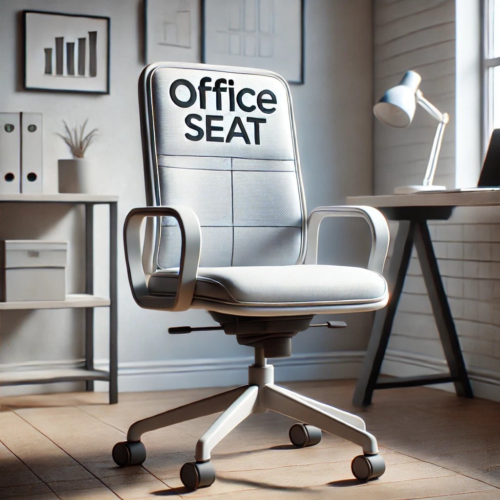 Muestra una silla de oficina simple y funcional, colocada en un entorno de oficina minimalista. El logotipo de Office Seat está presente en el respaldo de la silla.