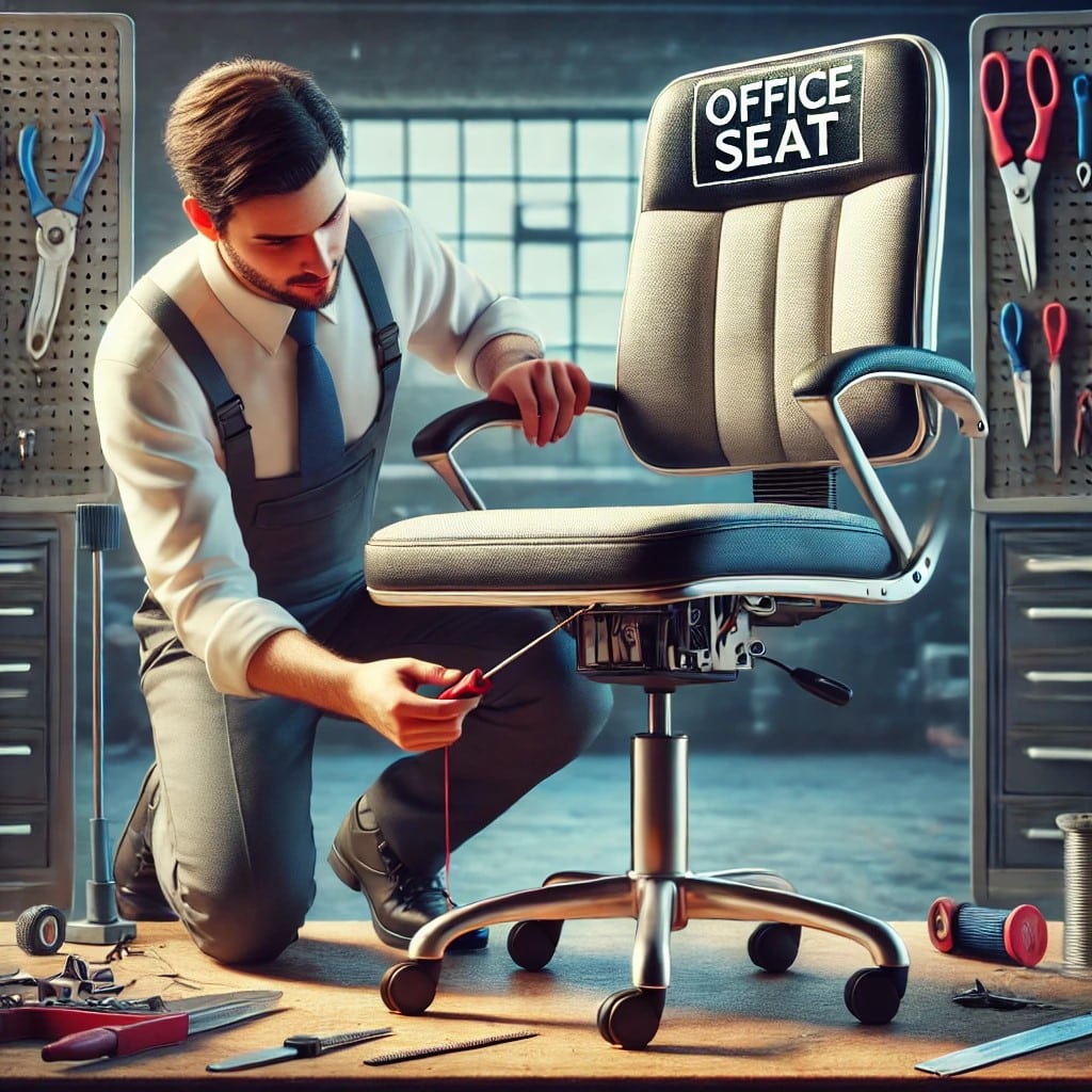 Un técnico está reparando la silla, enfocándose en ajustar las ruedas y el cojín del asiento, en un taller. El logotipo de Office Seat es visible en el costado de la silla.