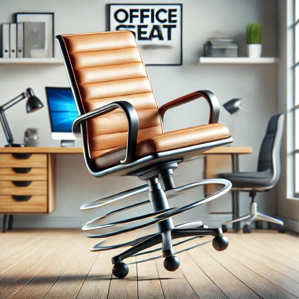 Muestra una silla de oficina moderna tambaleándose, mostrando inestabilidad en un entorno de oficina. El logotipo de Office Seat está presente en el respaldo de la silla.