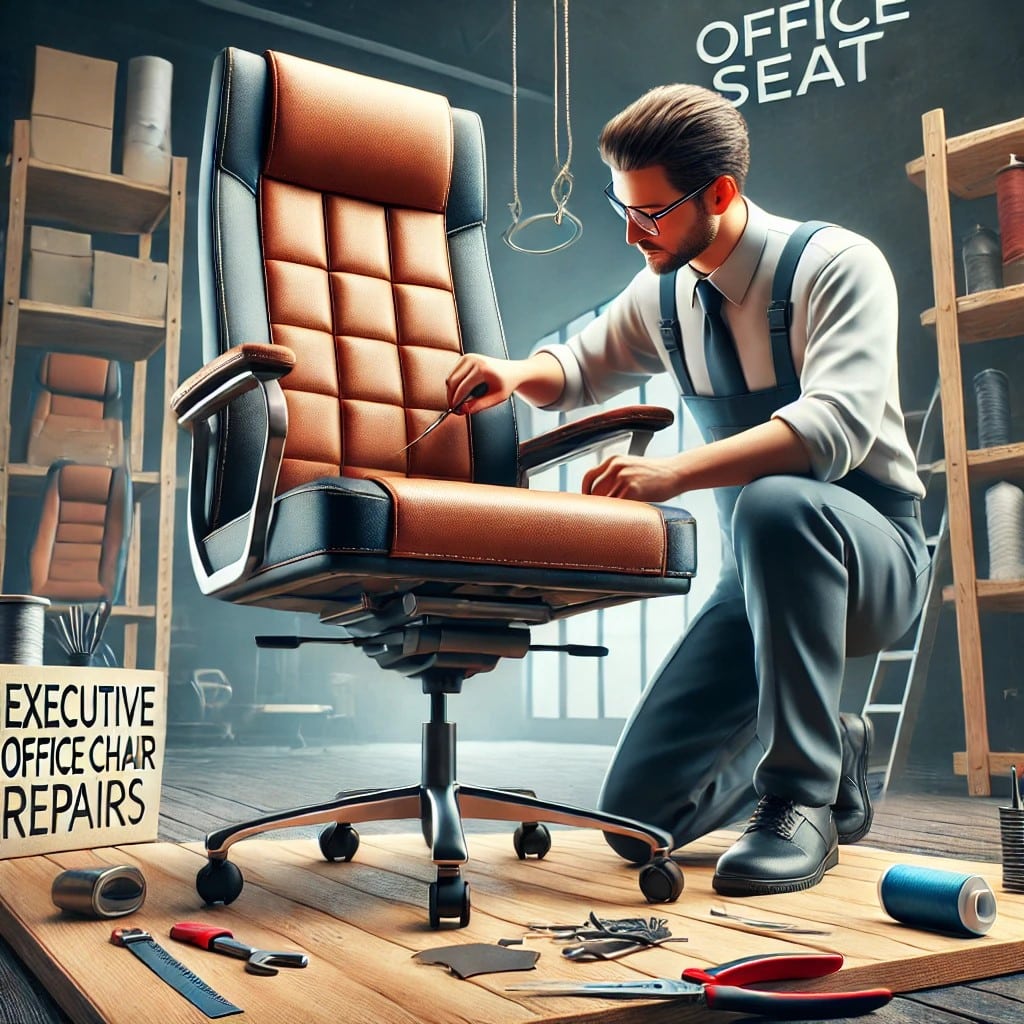 Representa a un técnico reparando una silla ejecutiva, enfocándose en reemplazar el tapizado de cuero y ajustar el mecanismo del respaldo. El logotipo de Office Seat aparece de forma sutil en la silla.