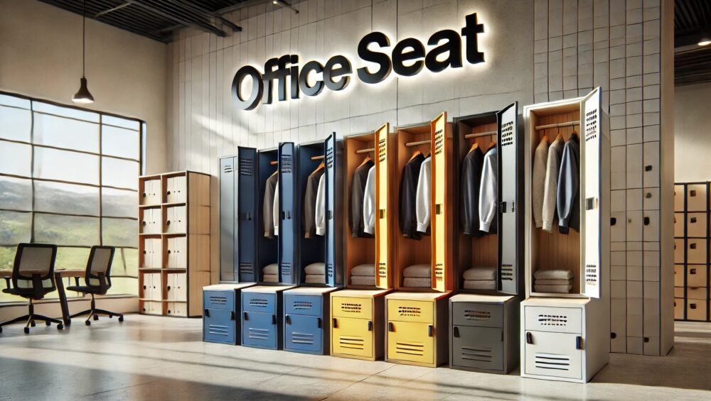 grupo de lockers de diferentes colores y diferentes tipos, tanto de ropa doblada como ropa colgada en Office Seat