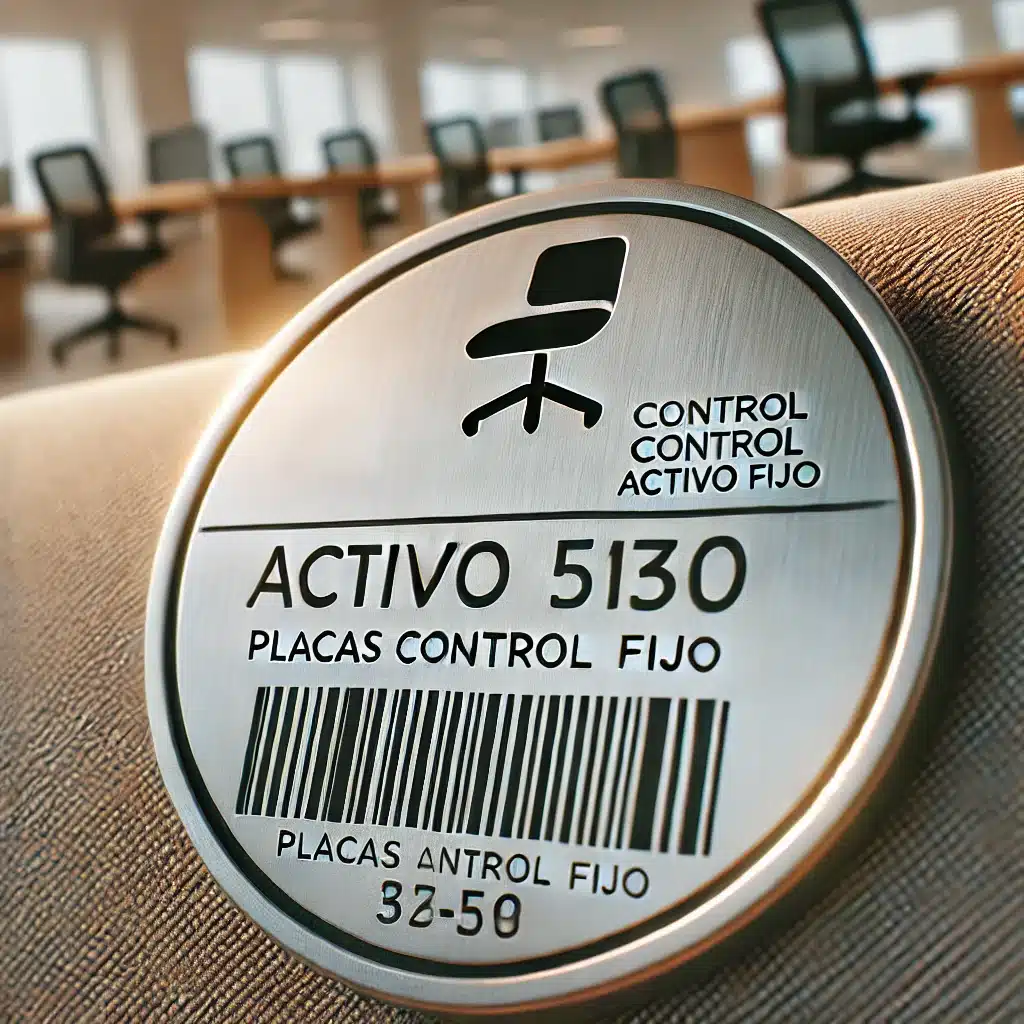 placas para activos fijos en metal con codigo de barra impresas en color negro con logo y marca de Office Seat