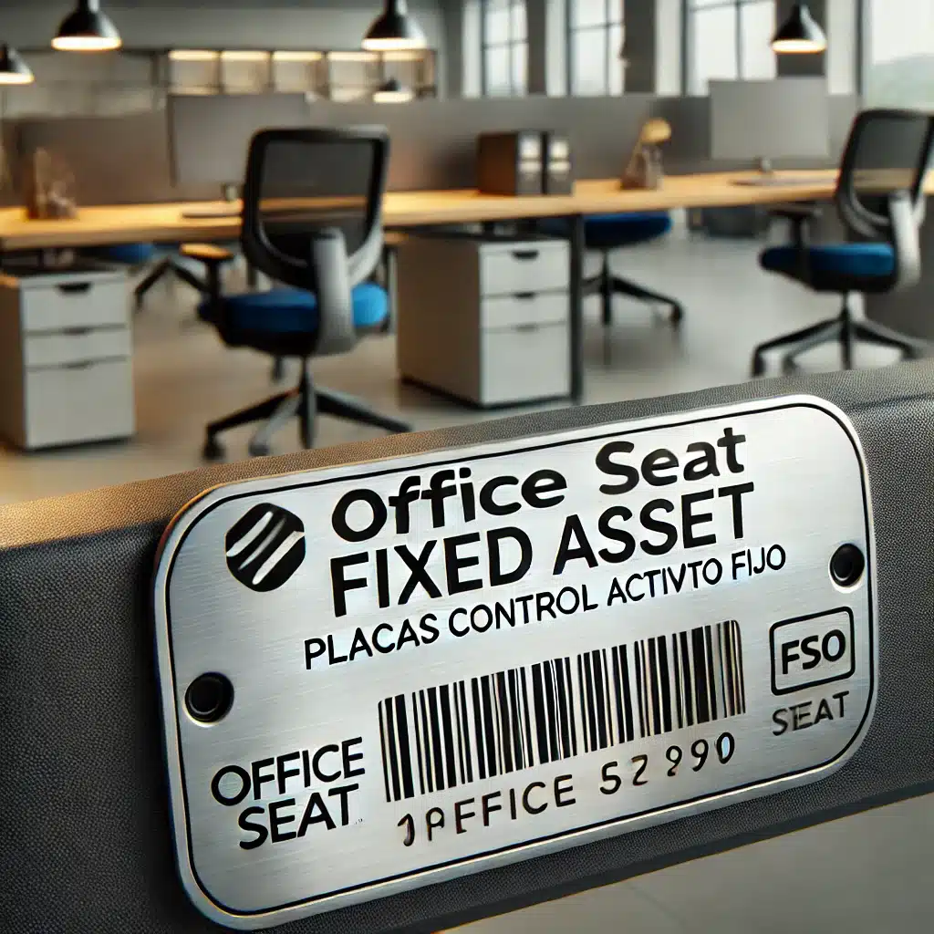 Placas metálicas (Aluminio anodizado y acero inoxidable) impresas en color negro con codigo de barra en Office Seat