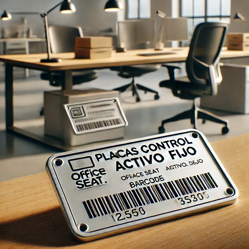 etiquetas en metal aluminio con codigo de barra , nombre o marca de la empresa , impresas en color negro en Office Seat, etiquetas y placas para activos fijos