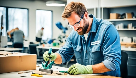 hombre en plena faena de reparacion de muebles de oficinas en Office Seat