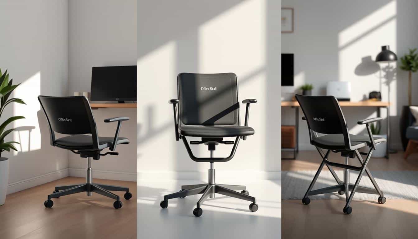 A cozy and adaptable Office Seat foldable desk chair, gracefully positioned in various settings. Soft lighting illuminates the sleek, modern design, inviting exploration. The chair seamlessly integrates into a home office nook, a minimalist workspace, and an open-concept living area, showcasing its versatility. Subtle shadows of the &amp;amp;quot;Office Seat&amp;amp;quot; brand add a refined touch. Rendered with realistic textures, high-resolution clarity, and a focus on the chair's carefully considered proportions and functionality.