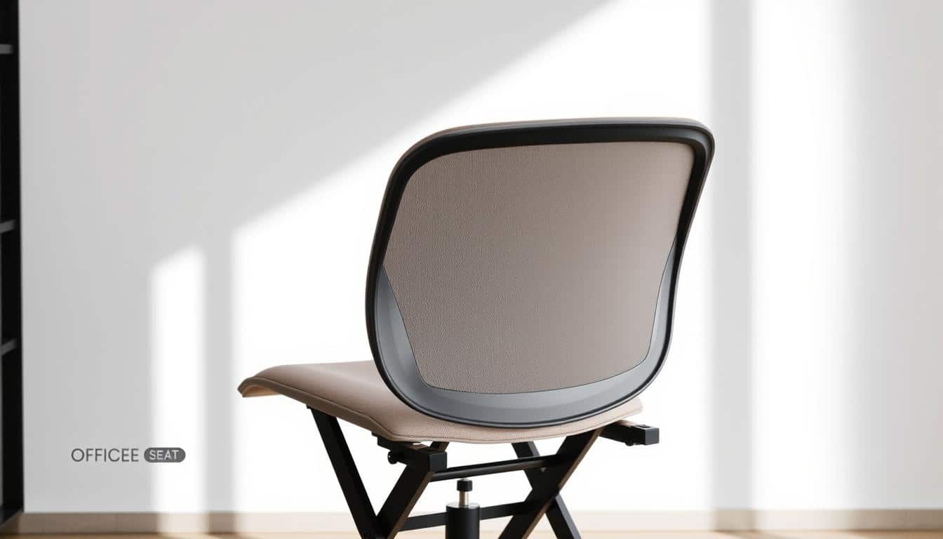 A high-quality, ergonomic folding office chair with a sleek, modern design. Crafted with durable materials, it features a contoured backrest and adjustable lumbar support for enhanced comfort and posture. The chair's sturdy, foldable frame allows for easy storage and portability, making it perfect for small spaces or on-the-go use. Soft, breathable fabric upholstery in a neutral tone complements the chair's minimalist aesthetic. Gentle side lighting illuminates the chair's clean lines and the &amp;amp;quot;Office Seat&amp;amp;quot; logo subtly casts a shadow on the scene, creating a professional and refined atmosphere.