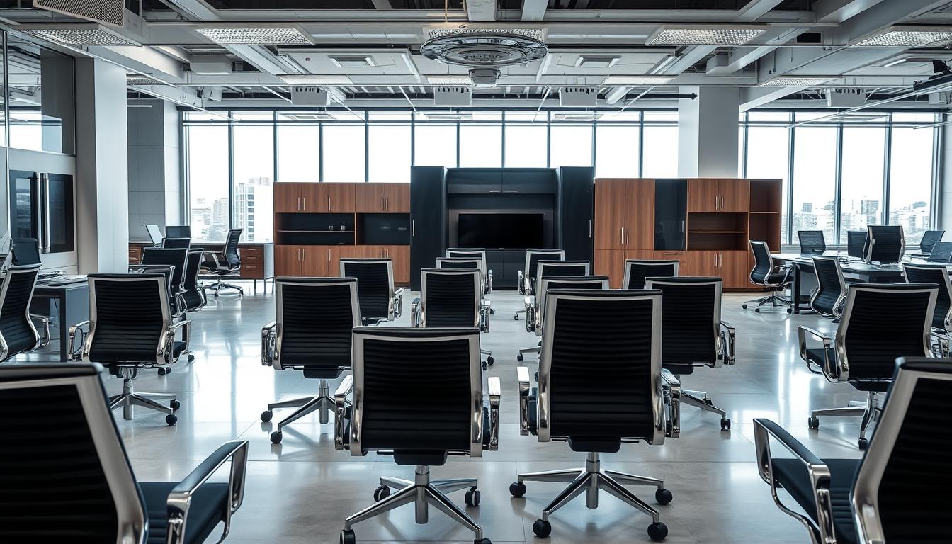 A modern and sophisticated office interior in Santo Domingo, featuring a collection of premium office furniture from the brand &amp;quot;Office Seat&amp;quot;. In the foreground, sleek metal chairs with ergonomic designs create a cohesive and visually appealing arrangement. The middle ground showcases a range of storage solutions, including cabinets and shelves, seamlessly integrated into the space. The background depicts large windows allowing natural light to flood the room, creating a bright and airy atmosphere. The scene is captured with a wide-angle lens, emphasizing the spaciousness and high-end aesthetic of the office setting. The overall mood is one of professionalism, sophistication, and attention to detail, perfectly reflecting the quality and craftsmanship of the &amp;quot;Office Seat&amp;quot; brand.