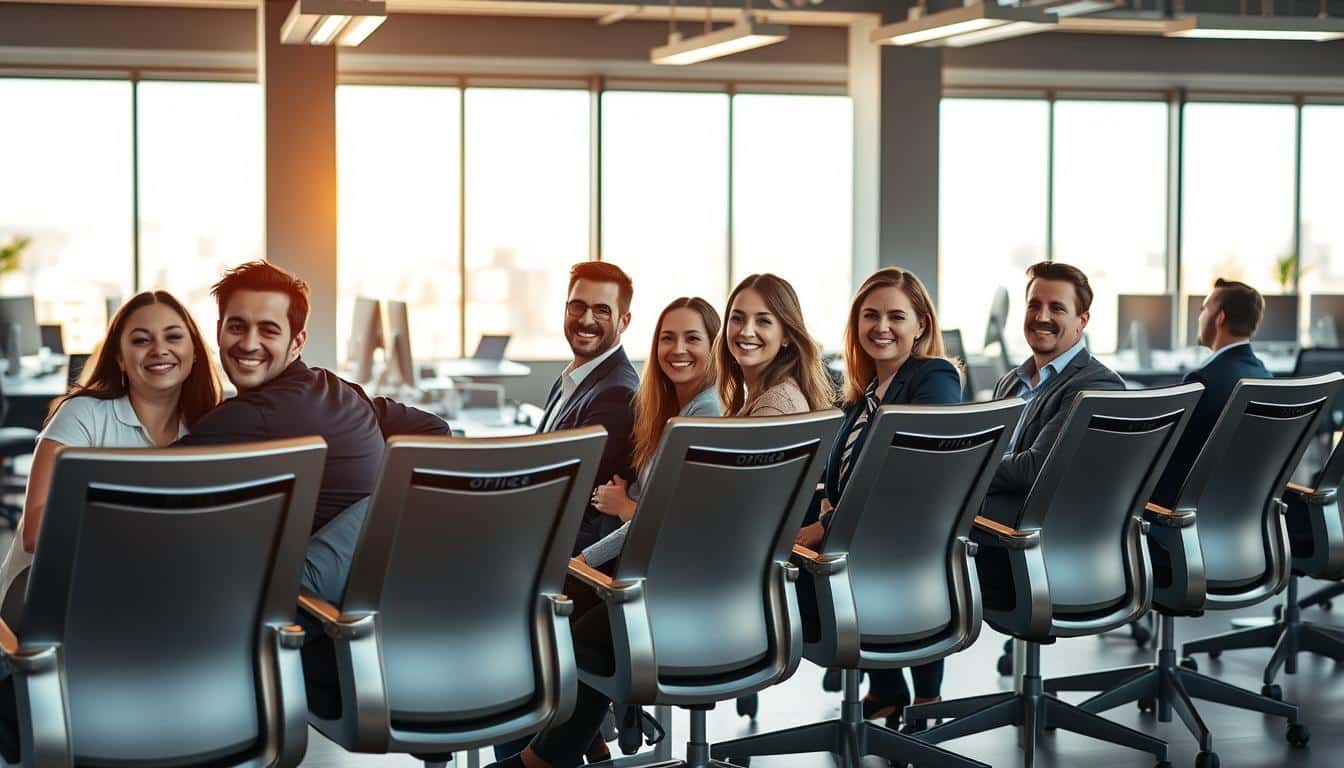 A modern open-office setting, bathed in warm natural light shining through large windows. In the foreground, a group of professional-looking individuals seated comfortably in a row of sleek, ergonomic metal chairs, each wearing a satisfied expression as they share their testimonials. The chairs feature the discreet &amp;quot;Office Seat&amp;quot; branding subtly visible. In the middle ground, a clean, minimalist workspace with desks and computer equipment. The background depicts a vibrant cityscape visible through the windows, conveying a sense of productivity and success. The overall mood is one of comfort, professionalism, and customer satisfaction.
