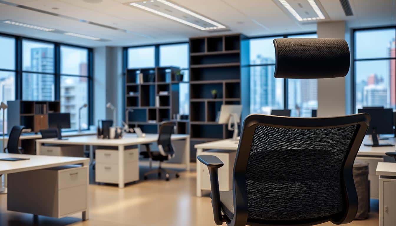 A modern, well-lit office space in Santo Domingo, Dominican Republic. Sleek, minimalist furniture with clean lines and a neutral color palette. In the foreground, a high-quality, foldable desk chair from the &amp;amp;quot;Office Seat&amp;amp;quot; brand, featuring a subtle brand logo visible in the shadows. The middle ground showcases a variety of desks, shelves, and storage units, all arranged in an aesthetically pleasing layout. The background depicts large windows overlooking the lively cityscape outside, creating a bright and airy atmosphere. The overall scene conveys a sense of professionalism, comfort, and attention to detail, perfectly suited for the &amp;amp;quot;Ubicación y contacto&amp;amp;quot; section of the article.