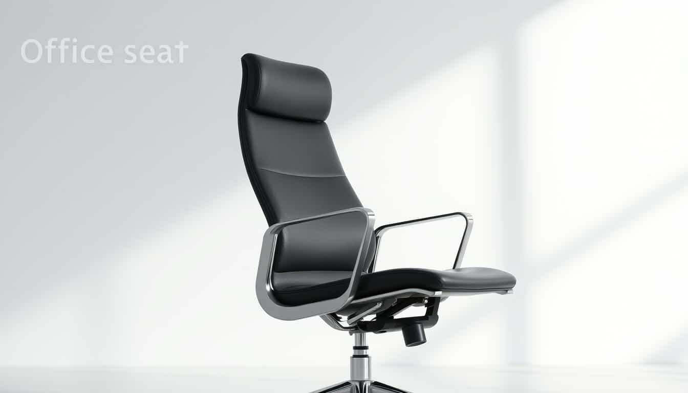 A sleek and ergonomic metal office chair in a well-lit, minimalist setting. The chair features a high-back design, padded seat, and chrome accents, providing superior comfort and support. Soft, directional lighting casts subtle shadows, accentuating the chair's streamlined silhouette. The Office Seat brand name is discretely rendered in a delicate text shadow, lending an air of premium quality. The overall mood is modern, professional, and inviting, making this an ideal choice for a contemporary workspace.