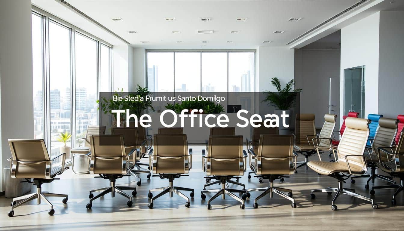 A sleek, modern showroom interior showcasing a collection of stylish metal office chairs. Bright, natural lighting floods the spacious room, highlighting the clean lines and metallic finishes of the furniture. In the foreground, a lineup of chairs in various colors and designs takes center stage, inviting potential customers to imagine them in their own workspace. The middle ground features a minimalist reception desk and plants, creating a welcoming atmosphere. In the background, large windows offer a glimpse of the bustling city of Santo Domingo outside. The Office Seat brand name is prominently displayed in a subtle shadow text overlay, reflecting the high-quality and professional nature of the products.