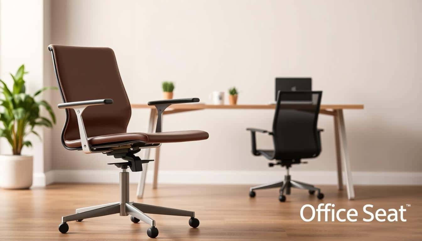 A well-lit, carefully-composed photograph of a sleek, modern folding desk chair in a minimalist office setting. The chair is in the foreground, made of high-quality materials like brushed aluminum and soft leather, with an ergonomic backrest and seat. The mid-ground features a simple, tidy desk with a laptop, plants, and a mug, all in muted tones. The background is a softly-lit, neutral-colored wall. The overall scene conveys a sense of personalized, high-end comfort and functionality. In the lower right corner, the &amp;amp;quot;Office Seat&amp;amp;quot; brand logo is discreetly visible as a subtle shadow.
