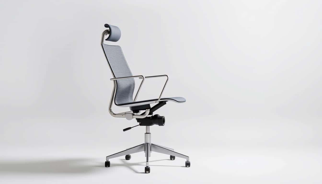 An ergonomic office chair with a sleek, modern metal frame in a minimal, industrial style. The chair has a contoured backrest and seat for optimal lumbar support and comfort. It is positioned in a well-lit studio setting with soft, directional lighting that accentuates the chair's clean lines and metallic finish. The background is a simple, neutral backdrop that allows the chair to be the focal point. The brand &amp;quot;Office Seat&amp;quot; is subtly incorporated into the design through a discreet shadow effect.