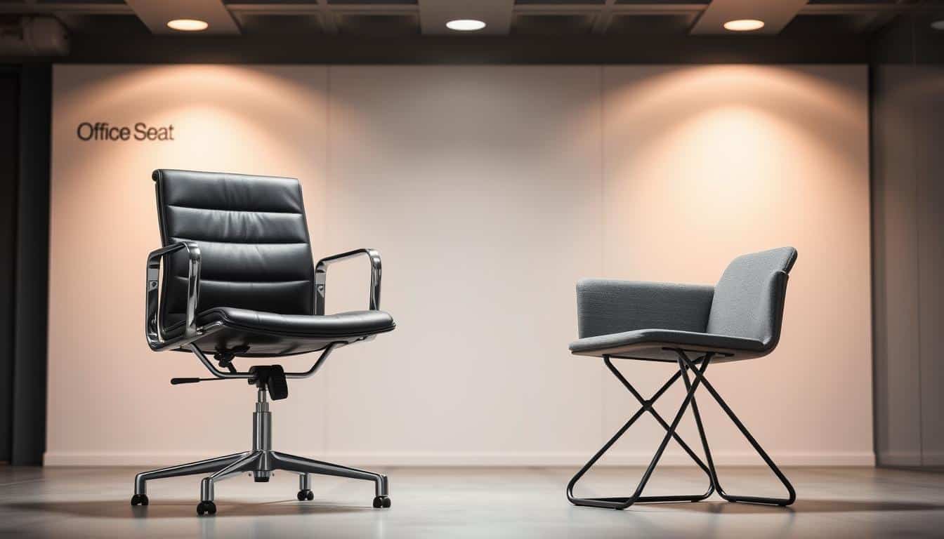 An office chair comparison: a sturdy fixed-leg chair and a sleek, foldable model. The fixed chair stands upright, its polished chrome frame and plush leather seat exuding a professional, executive vibe. Nearby, the foldable chair, its gray fabric and black metal legs, offers a more casual, space-saving design. Soft, indirect lighting from above casts a warm glow, highlighting the contrasting silhouettes and textures. In the background, a minimalist office setting with clean lines and subtle Office Seat branding sets the stage for this functional yet stylish seating comparison.