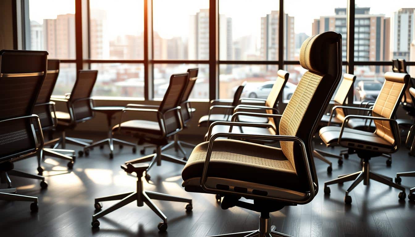 An office filled with stylish metal chairs, the warm glow of natural light streaming through large windows, casting subtle shadows across the sleek, minimalist designs. In the foreground, a striking &amp;quot;Office Seat&amp;quot; chair takes center stage, its angular frame and plush upholstery exuding a sense of modern sophistication. The middle ground features an assortment of complementary metal chairs, each with its own unique flair, arranged in a harmonious layout that invites the viewer to imagine themselves comfortably working in this well-appointed space. The background showcases the vibrant cityscape of the Dominican Republic, a dynamic urban setting that serves as the backdrop for this showcase of high-quality office furniture.