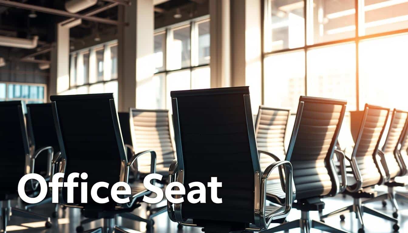 An office in the heart of Santo Domingo, Dominican Republic, filled with a striking collection of sleek, modern metal office chairs. Sunlight streams through large windows, casting a warm glow on the chairs arranged in a clean, organized display. The chairs feature the distinct &amp;quot;Office Seat&amp;quot; branding, visible in a subtle shadow text overlay. Careful attention to detail showcases the chair's robust construction, polished chrome accents, and ergonomic design - a testament to the quality of office furniture available in the Dominican market. The overall scene conveys a sense of professionalism, functionality, and the vibrant commercial spirit of the country.