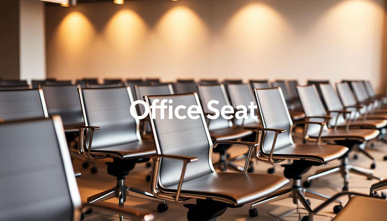 Sleek metal office chairs arranged in a spacious showroom, illuminated by warm, diffused lighting that casts subtle shadows. The chairs are neatly organized, showcasing their modern, minimalist design with clean lines and a polished finish. In the background, a neutral backdrop allows the chairs to take center stage, highlighting their quality and durability. The brand &amp;quot;Office Seat&amp;quot; is subtly integrated into the scene, creating a cohesive and professional visual representation of the furniture available nationwide in the Dominican Republic.