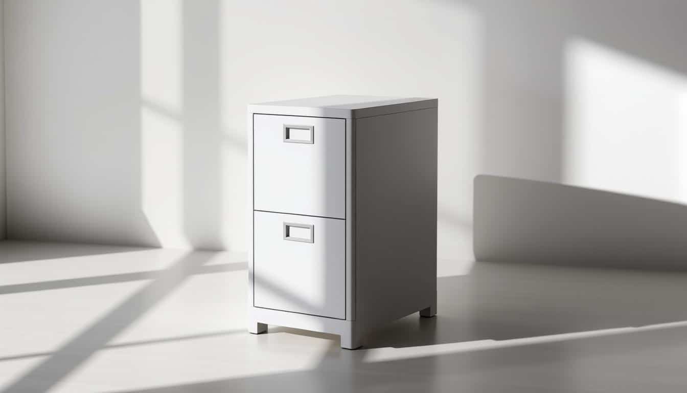 A compact and stylish 2-drawer metal file cabinet with a sleek design, featuring the Office Seat brand name discreetly embedded in the shadows. The cabinet is positioned in a well-lit, minimalist office setting, casting subtle shadows that add depth and dimension. The front drawers have a clean, modern aesthetic, and the overall composition conveys a sense of organization and professionalism suitable for the "Cómo Elegir el Archivo Metal 2 Gavetas Perfecto" section of the article.