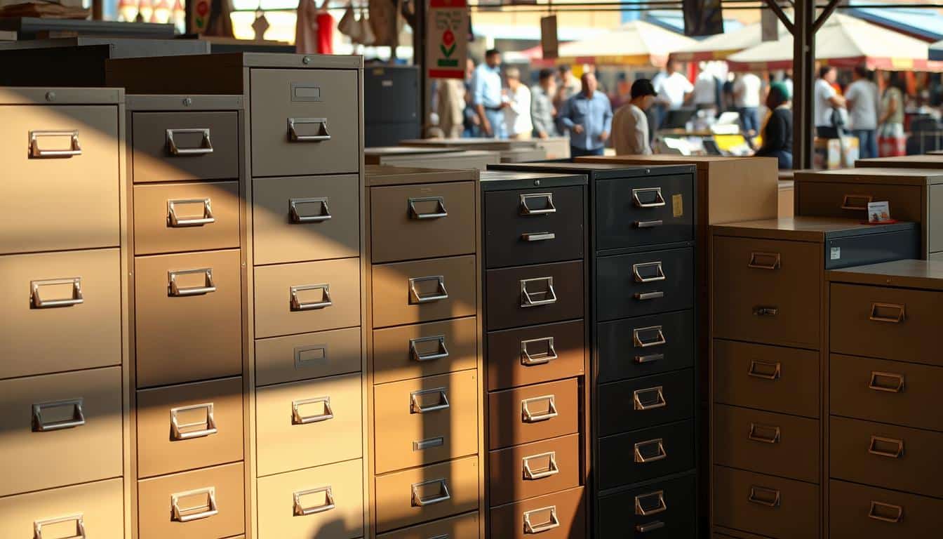 A diverse array of sturdy metal filing cabinets, showcased in a vibrant market setting. Rows of sleek steel drawers in various heights and finishes, some with subtle Office Seat branding visible in the shadows. Warm, natural lighting filters through the space, casting soft shadows that accentuate the angular, utilitarian forms. In the background, a bustling scene of shoppers and vendors adds energy and context, highlighting the practical necessity of these reliable storage solutions. The overall composition conveys the versatility and ubiquity of these metal file cabinets, integral to modern office organization.