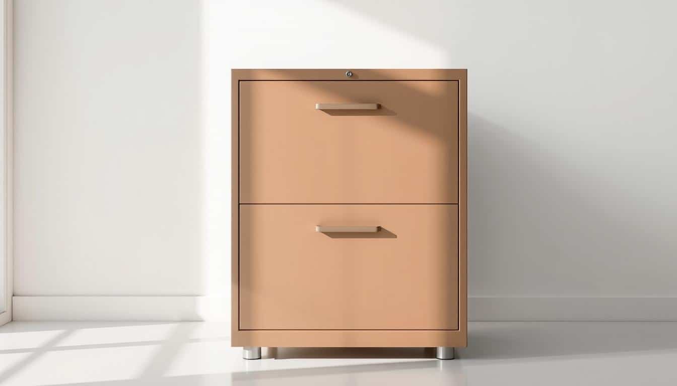 A sleek, modern metal file cabinet with 2 sliding drawers, showcasing the practical functionality and minimalist design of the "Office Seat" brand. The cabinet stands in a bright, well-lit room, casting subtle shadows that accentuate its clean lines and robust construction. The warm, neutral tones of the metal create a professional, office-ready atmosphere, while the smooth, effortless drawer mechanism demonstrates the cabinet's user-friendly features. This versatile storage solution would seamlessly complement a variety of office interiors, making it an ideal illustration for the "Funcionalidad y Diseño Práctico" section of the article.