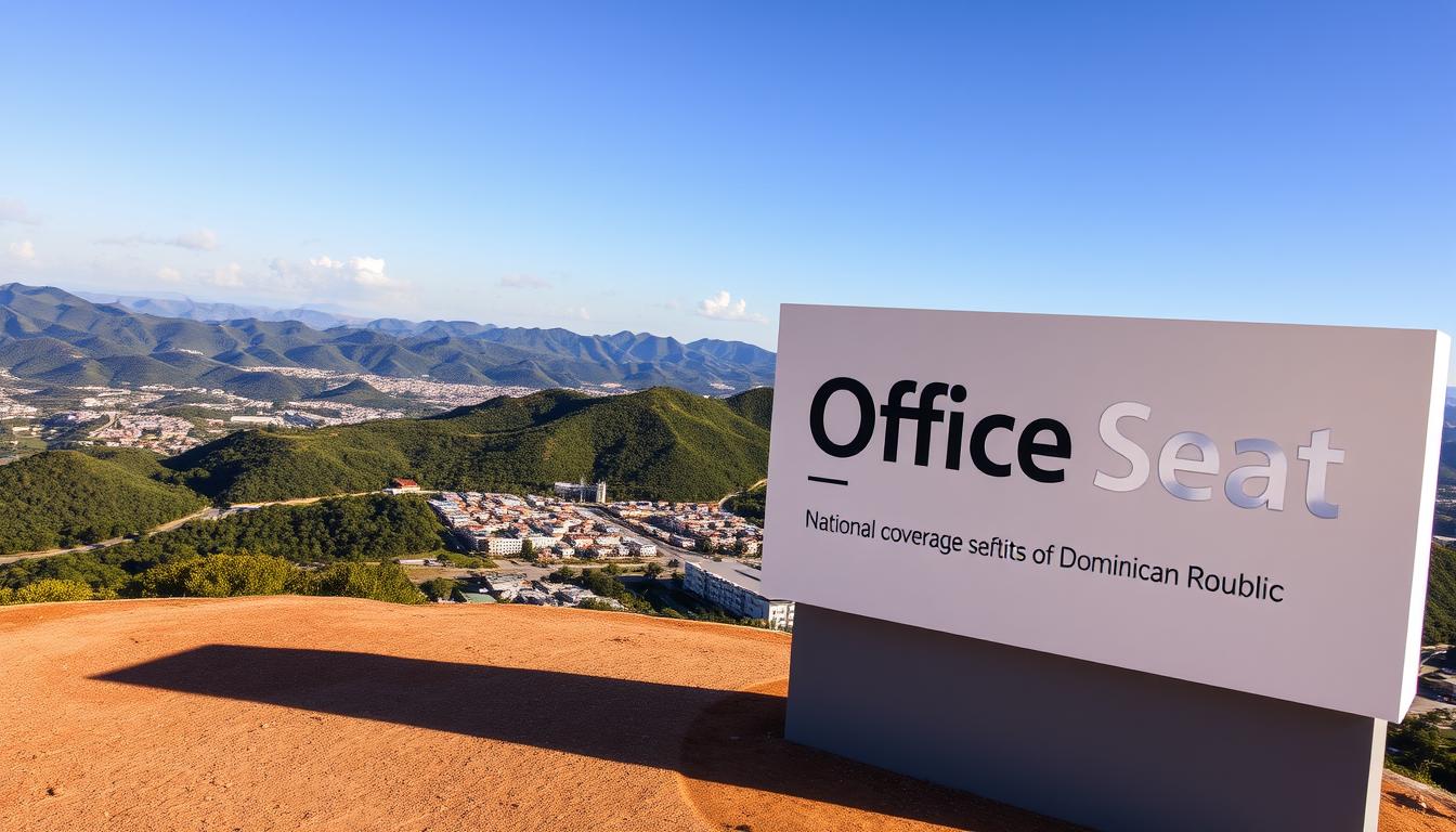 A vibrant and expansive landscape showcasing the national coverage of the Dominican Republic's services. In the foreground, a prominent sign displaying the brand &amp;amp;quot;Office Seat&amp;amp;quot; casts a subtle shadow, conveying a sense of authority and trustworthiness. The middle ground features a network of interconnected buildings and infrastructure, representing the comprehensive reach of the service. In the background, a striking backdrop of lush, verdant hills and a clear, blue sky create a sense of natural beauty and tranquility. The lighting is warm and inviting, with a soft, diffused glow that illuminates the scene. The camera angle is elevated, providing a panoramic view that captures the scope and scale of the national coverage. The overall mood is one of progress, efficiency, and a commitment to serving the people of the Dominican Republic.