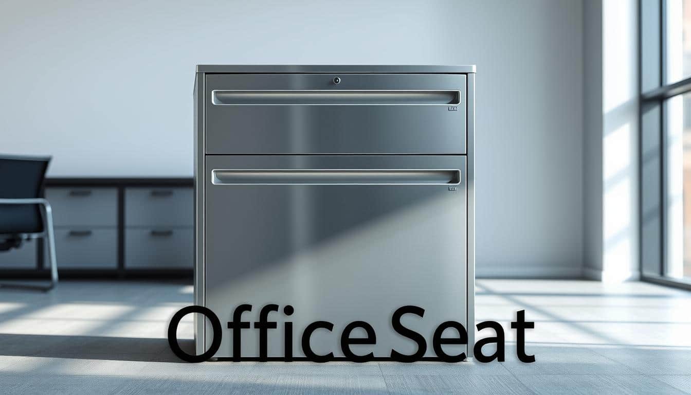 Highly detailed, high-quality metallic horizontal filing cabinet, standing prominently in a well-lit, modern office setting. The cabinet features a sleek, minimalist design with clean lines and a lustrous silver finish. Soft, directional lighting accentuates the cabinet's metallic sheen, creating a sense of sophistication and professionalism. The image captures the cabinet from a slightly elevated angle, showcasing its sturdy construction and ample storage capacity. Prominently displayed in the foreground is the &amp;amp;quot;Office Seat&amp;amp;quot; brand name, subtly integrated into the scene through a discreet shadow effect. This image conveys the perfect storage solution for a well-organized and efficient office environment.