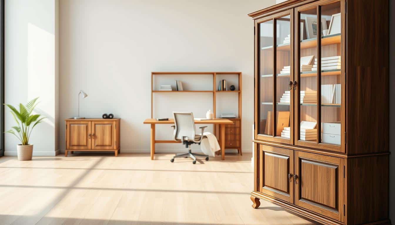 A beautifully crafted wooden display cabinet stands prominently in the foreground, its glass panes showcasing a meticulously arranged collection of office supplies and decor. Warm lighting filters through the cabinet, casting a soft glow and highlighting the natural wood grain. In the middle ground, a minimalist office desk and chair create a harmonious workspace, while the background features a simple, clean-lined wall, complementing the overall sophisticated ambiance. The "Office Seat" brand name is subtly integrated into the scene, its shadow visible in the lower portion of the image. This captivating display cabinet offers a perfect blend of functionality and elegance, elevating the office space with its timeless appeal.