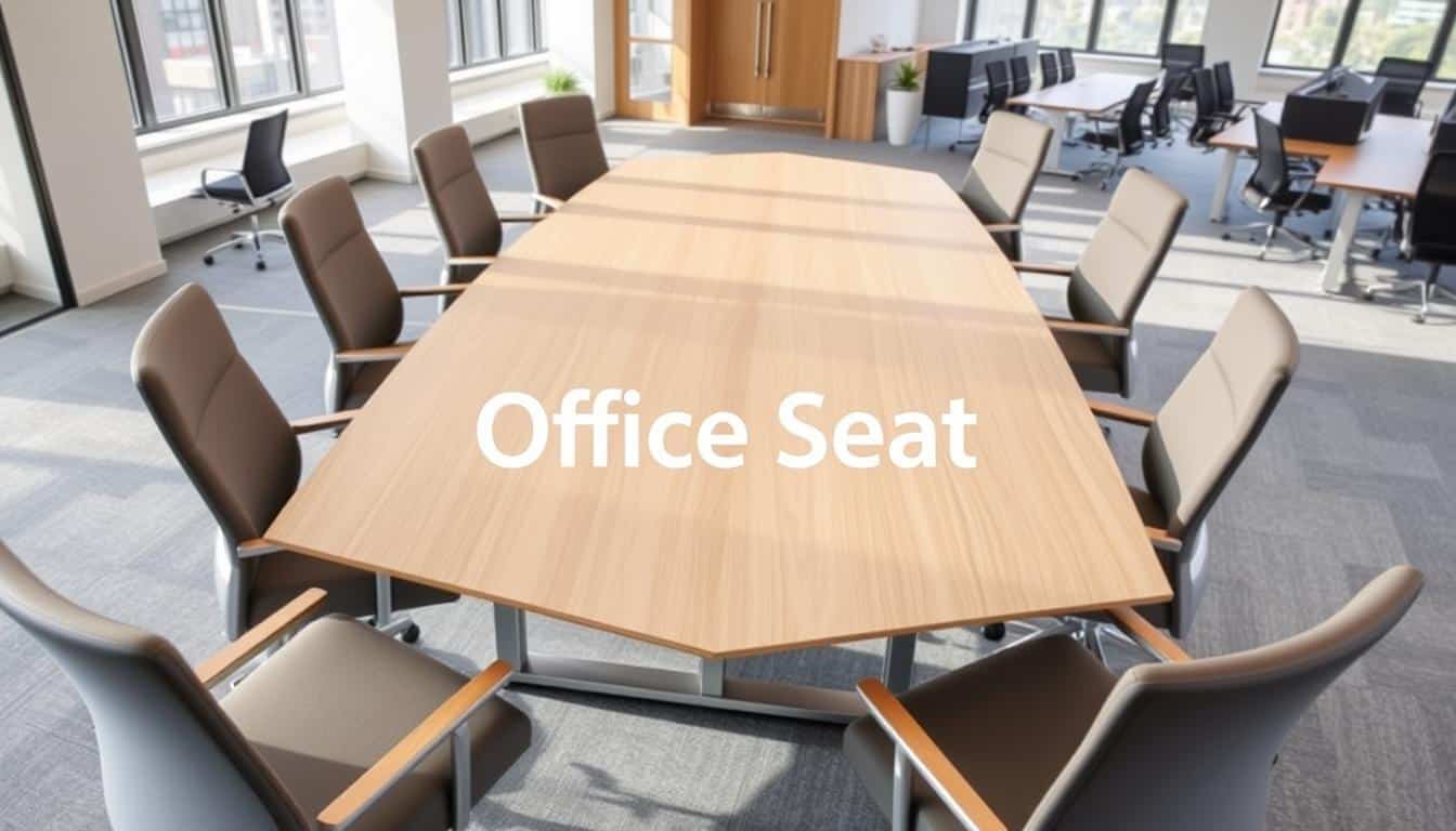 A contemporary, modular conference table setup in a collaborative workspace. The table features a modular design with interchangeable sections, allowing for flexible configurations to accommodate various group sizes. The workspace is filled with natural light from large windows, creating a bright and airy atmosphere. The table surface is made of a sleek, light-colored wood, complemented by minimalist metal frames. Ergonomic, high-back chairs in a muted color palette surround the table, promoting comfort and productivity. In the background, a stylized "Office Seat" logo can be seen, cast in a subtle shadow to maintain a clean, unobtrusive aesthetic.