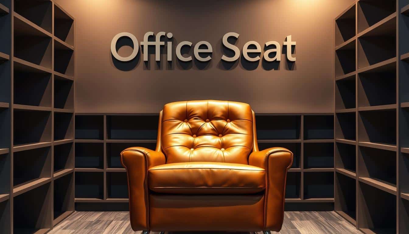 A cozy and inviting executive chair takes center stage in the stylish showroom of Santo Domingo. The chair, upholstered in a rich, cognac-colored leather, exudes an air of sophistication and professionalism. Soft lighting casts a warm glow, highlighting the chair's smooth lines and elegant tufted backrest. The scene is framed by sleek, minimalist shelving units that create a visually striking backdrop, showcasing the "Office Seat" brand with a subtle shadow-text treatment. This comfortable and sophisticated seating solution is the perfect centerpiece for the "El Sillón Ejecutivo: Comodidad y Estatus Profesional" article's "Ubicación de nuestra tienda" section.