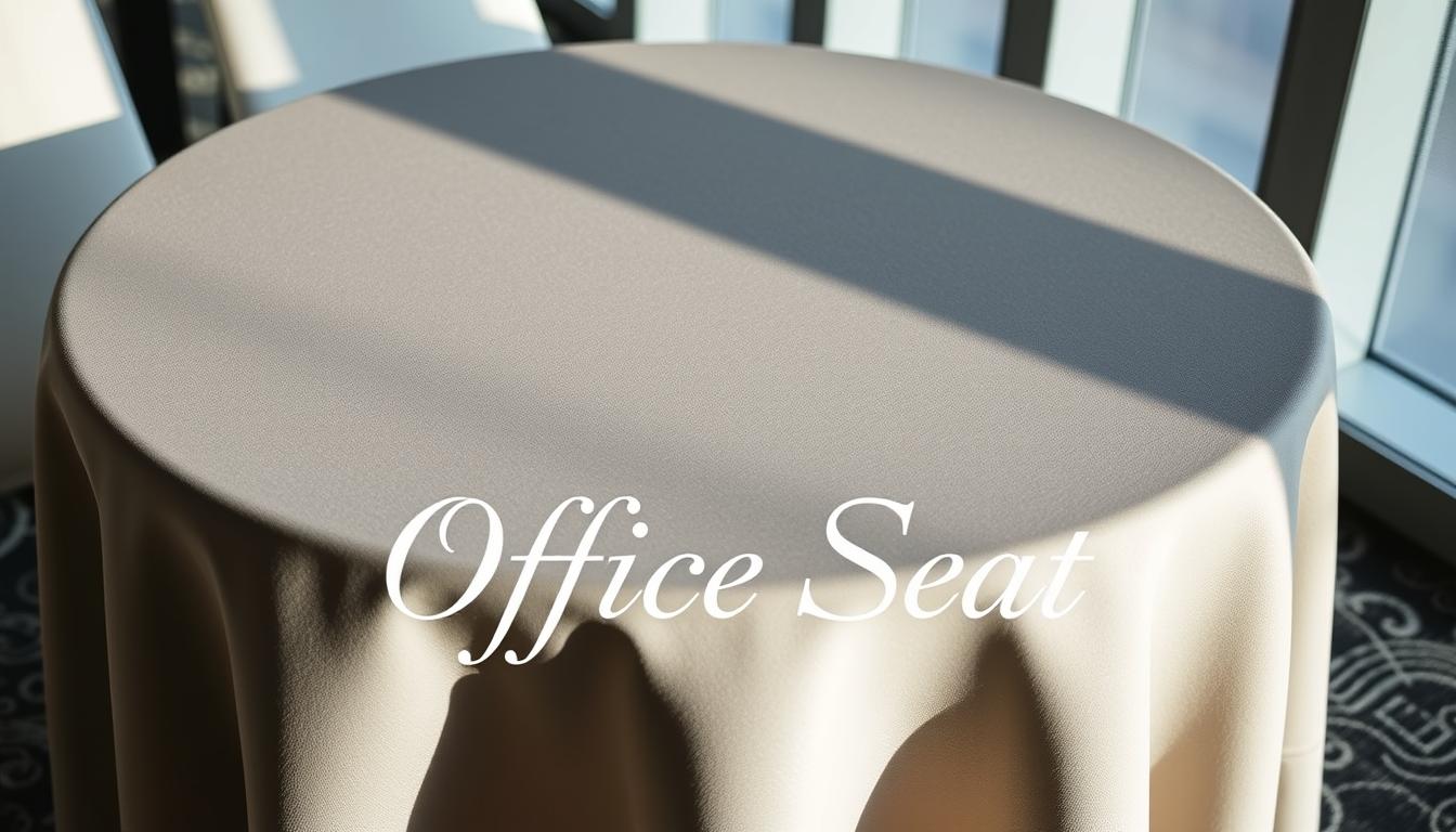 A elegant round tablecloth for a sophisticated corporate event, featuring a subtle texture and sheen. The tablecloth is placed on a sleek, modern table, casting a soft, ambient light across the surface. In the foreground, the "Office Seat" brand name is prominently displayed in a elegant, legible script, providing a stylish signature to the scene. The overall mood is one of understated elegance and professionalism, perfectly suited for a high-end business gathering.