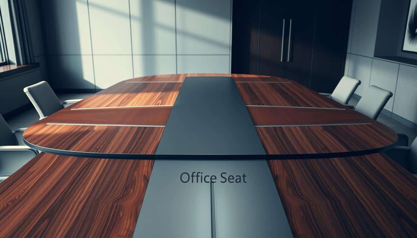 A high-end oval conference table, its sleek surface crafted from a combination of premium materials - the rich grain of polished wood, the smooth sheen of brushed metal accents, and the subtle texture of soft leather inlays. Elegant task lighting casts a warm glow, illuminating the table's sophisticated design. In the background, a minimalist office setting with muted colors and clean lines provides a professional backdrop, highlighting the table's central role. Subtle branding "Office Seat" is tastefully incorporated, its shadow creating a sense of depth and permanence. The overall atmosphere exudes an air of refined sophistication, perfect for executive meetings and client presentations.