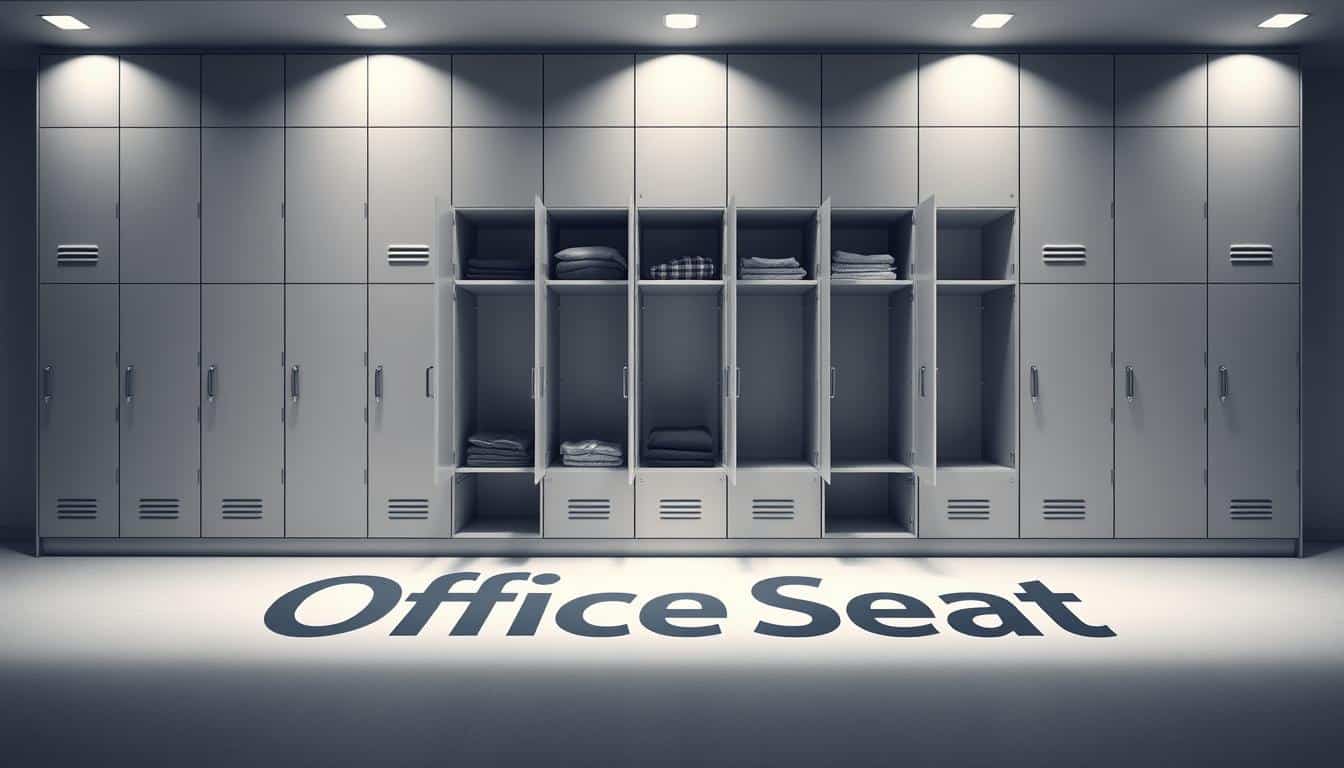 A high-quality, sleek and modern locker system with a minimalist design, featuring durable steel construction and a neutral color palette that effortlessly blends into any office decor. The lockers are arranged in a symmetrical grid formation, illuminated by a soft, diffused overhead lighting that casts gentle shadows, highlighting the clean lines and sharp edges. In the foreground, a prominent "Office Seat" logo is prominently displayed, casting a subtle shadow on the lockers beneath. The middle ground showcases the lockers' spacious interiors, perfect for neatly organizing and storing folded clothing and personal belongings. The background fades into a serene, muted tone, allowing the lockers to take center stage as the focal point of the image.