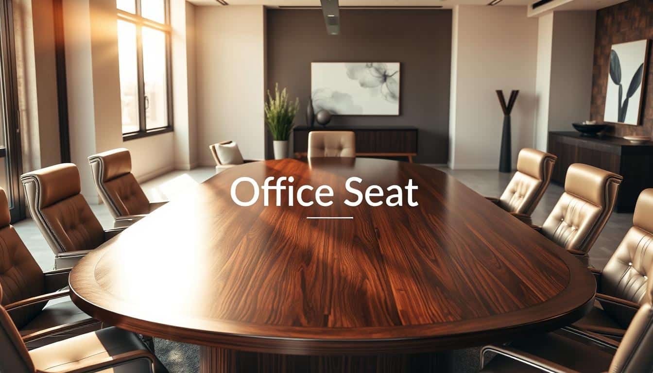 A large, elegant oval conference table in a modern, professional office environment. The table is crafted from dark, polished wood, creating a sophisticated and refined ambiance. The room is bathed in warm, natural lighting streaming through large windows, casting a soft glow on the scene. Around the table, high-backed leather chairs in a neutral tone sit in perfect symmetry, inviting collaboration and discussion. In the background, a minimalist décor with subtle accents, such as potted plants and abstract wall art, further enhances the air of refinement. The Office Seat brand is subtly incorporated into the scene, with a discreet shadow-effect text logo visible on the tabletop.